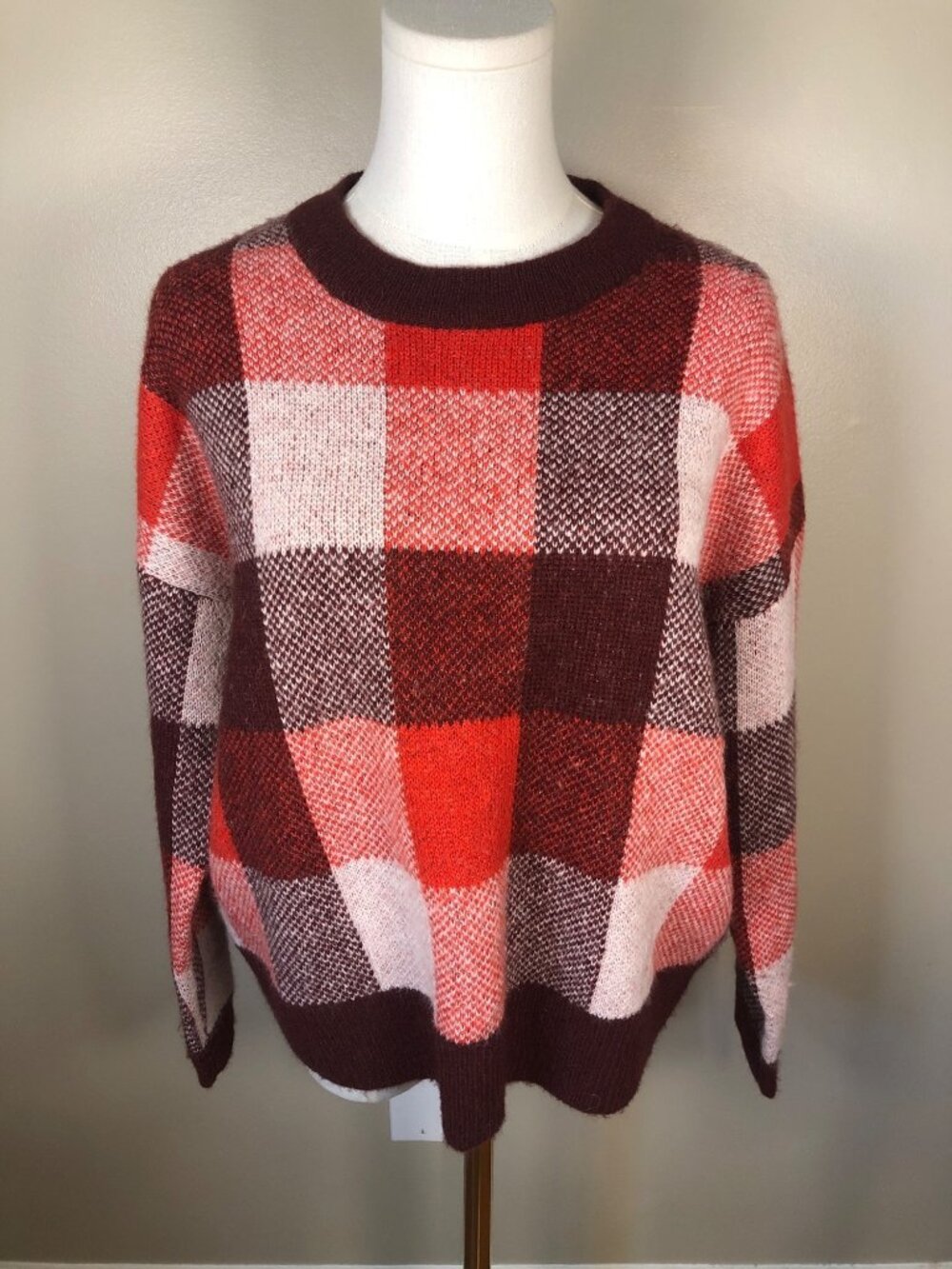 Madewell Alpaca Blend Buffalo Plaid Crewneck Cozy Oversized Sweater Size S